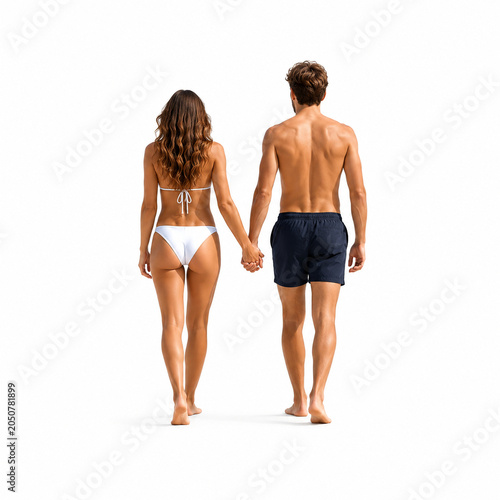 Rear view of a young man and woman wearing swimwear and walking hand in hand. Isolated on a clean white background, the image conveys themes of summer, beach vacations, healthy lifestyle, romance.