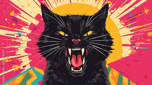 Black Cats with Open Mouths and Fangs, Capturing Fierce and Mystical Power of Cats in Artistic Form, Black Cat with Glowing Yellow Eyes 
