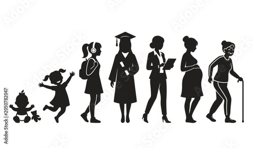 Fényképezés Life stages silhouette series from infancy to seniority black and white vector