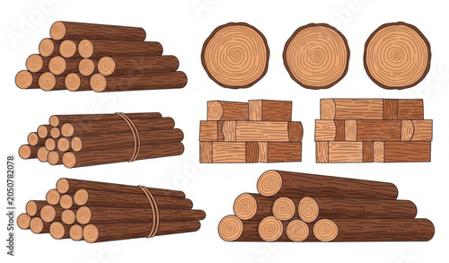 Tableau sur toile Wood log stacks and sections illustration set