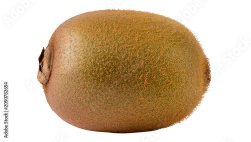 Whole fuzzy brown kiwi fruit with green flesh visible at stem end
