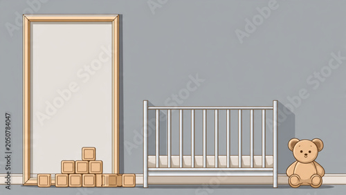 Cute Baby Crib with Soft Teddy Bear and Wooden Blocks in Nursery Room.