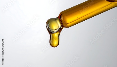 A Macro Shot of a Single Amber Glass Dropper Releasing One Golden Drop of Essential Oil
