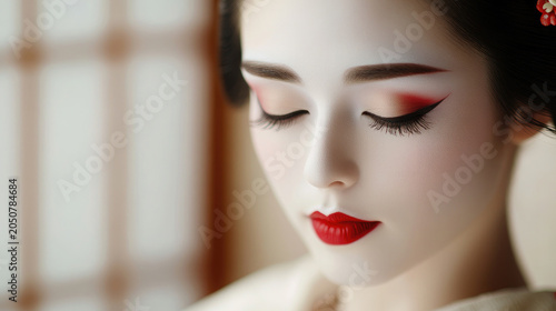 Elegant Japanese geisha close-up portrait, traditional white oshiroi makeup, red lips, exquisite eye makeup, ornate black hairstyle, silk kimono with floral patterns, traditional Japanese wooden house