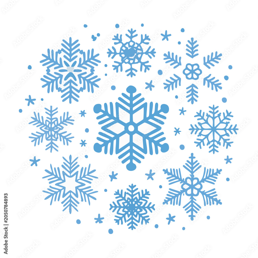 Fototapeta premium Blue snowflakes arranged in a circle on a white background