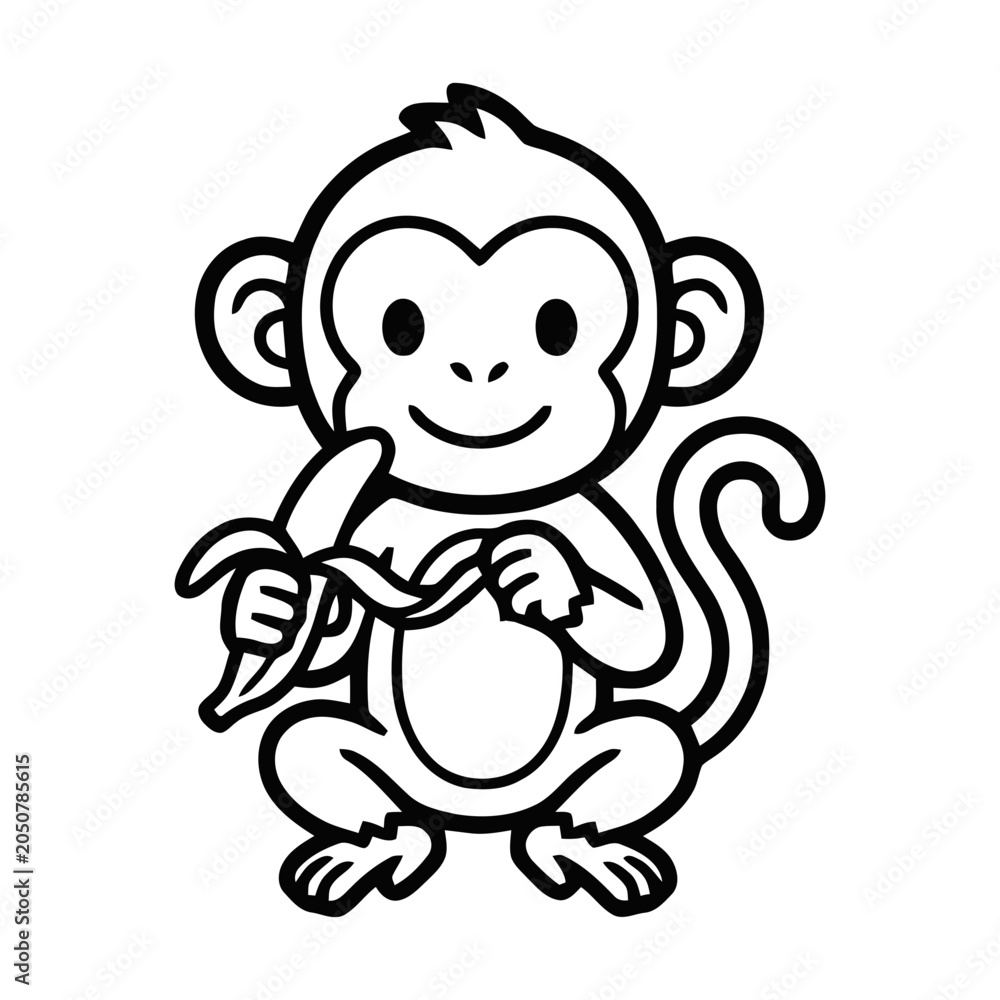 Fototapeta premium Cartoon Monkey Peeling a Banana outline illustration