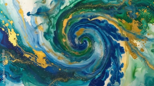 Abstract art with swirling blue, green and gold colors on a white background