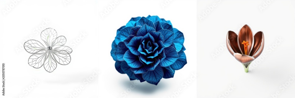 Obraz premium Floral composition. Three distinct blooms presented, silver, blue, brown hues dominate. Delicate petals, artistic arrangement visible.