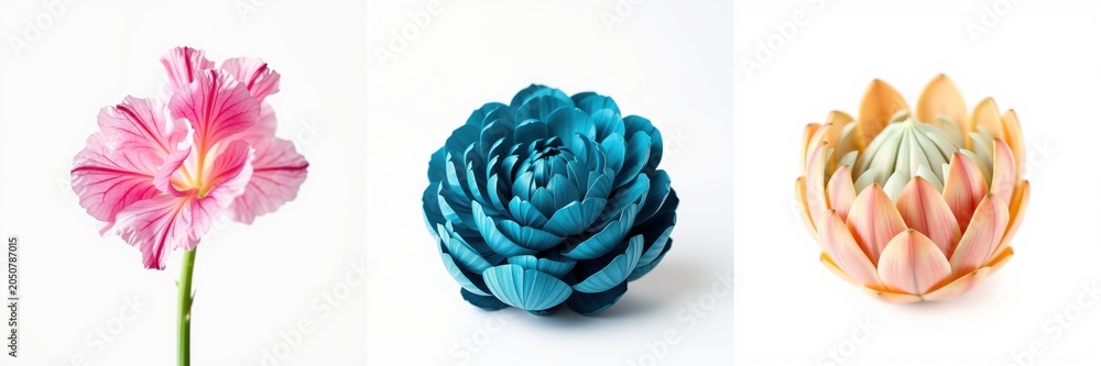 Obraz premium Floral arrangement showcases three distinct blooms. Pink, teal, peach colors dominate composition. Delicate petals create beautiful textures.