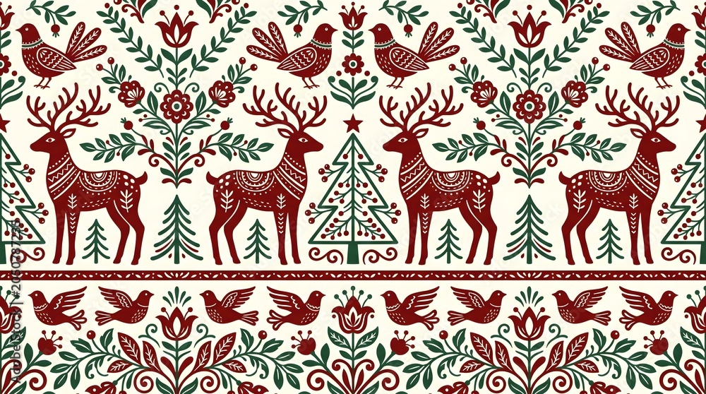 Nordic Folk Art Christmas Seamless Pattern with Reindeer Birds and Floral Scandinavian Vector Design