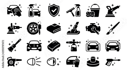 Comprehensive set of black car detailing and auto cleaning service icons on white background, representing professional automotive maintenance services and illustrating vehicle care branding