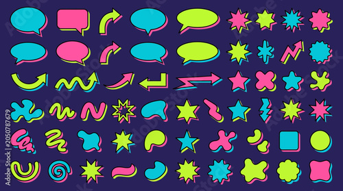 Collection of vibrant retro y2k graphic elements featuring colorful speech bubbles arrows stars and abstract squiggles on dark background, symbolizing creative digital marketing or art