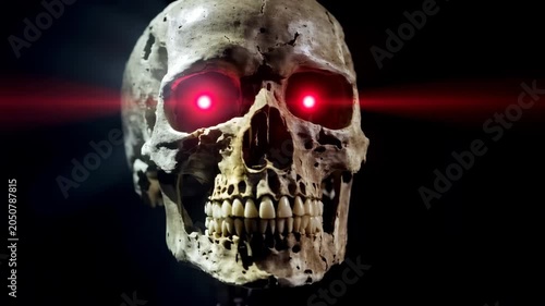 Scary Skull with Glowing Red Eyes and Laser Beam Effect.