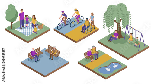 Isometric park scenes collection featuring family picnic cycling activities children playing on swings and elderly people relaxing on benches, representing inclusive community lifestyle