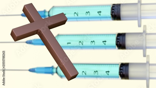 Fotografie A 3D rendering of Christian cross and medical syringes filled with a fluid and fitted with needles