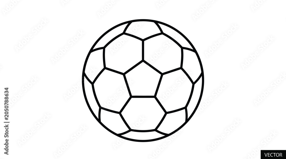 Fototapeta premium Simple black and white outline illustration of a classic soccer ball featuring geometric hexagonal and pentagonal panels for sports related graphic design projects rendered as a clean icon on white ba
