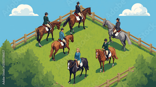 Origin Isometric illustration of horseback riders practice.