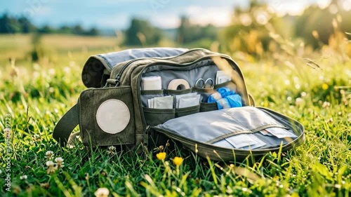Open green backpack with first aid supplies on grassy meadow at sunset. Rescue preparedness and community help concept in nature setting