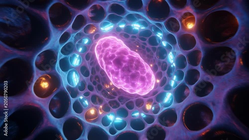 Abstract 3D Rendering of a Cell Nucleus in a Biological Network.