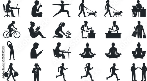 Bild auf Leinwand Set of human activity silhouettes showing people working exercising shopping and