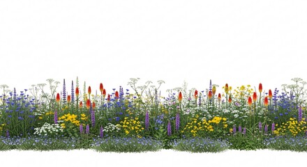 Field of colorful wild flowers on white background.