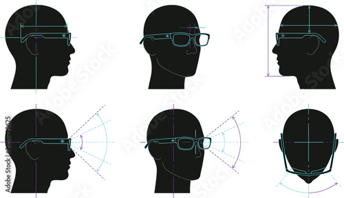 Smart Glasses Ergonomics and Field of View Diagram Set with Head Silhouette Measurement Lines for Wearable Tech Design Vector Illustration