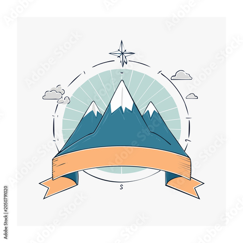 Illustration of mountains with compass and banner