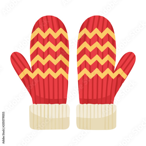 Red and yellow knitted mittens with white trim