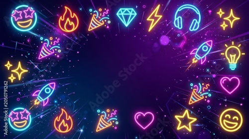 Glowing neon emoji icons floating against a dark purple and blue gradient backdrop, futuristic atmosphere, empty central area for typography, premium event poster style.