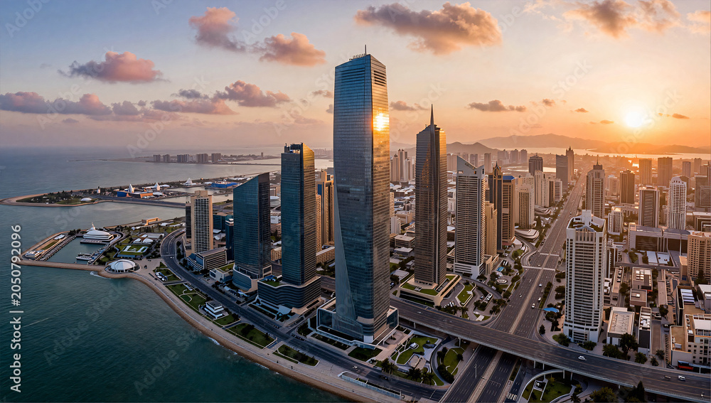 Fototapeta premium Futuristic Coastal Metropolis Golden Hour Aerial Skyline