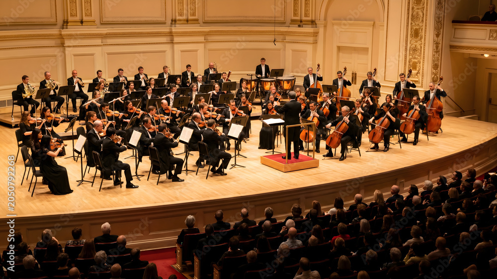 Obraz premium Symphony Orchestra Performing Classical Musical Compositions for an Engaged Audience in an Elegant Grand Concert Hall