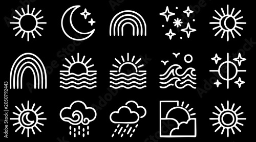 Valokuva Minimalist white line art weather icon set featuring celestial bodies and variou