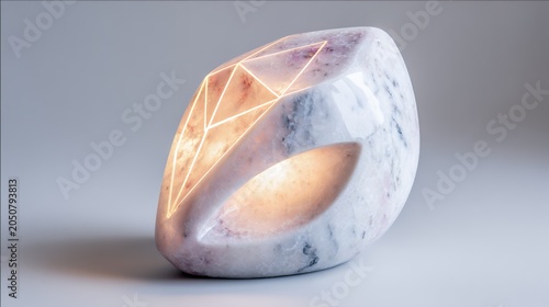 Abstract glowing stone sculpture with geometric light patterns