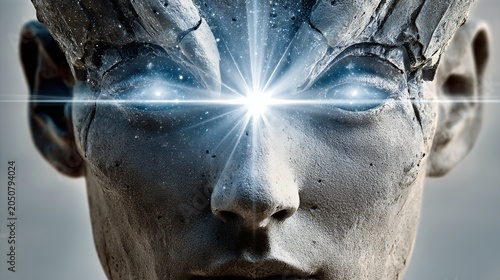 Alien face with glowing eyes emitting bright cosmic light