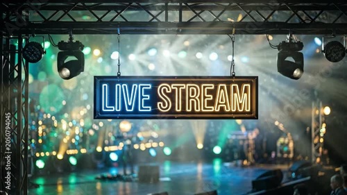Neon live stream sign glowing on concert stage. Colorful spotlights and truss structure in media venue. Broadcasting concept for online events and radio day
