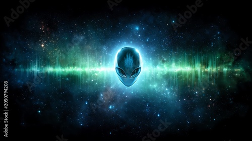 Alien head glows with cosmic energy in star filled galaxy