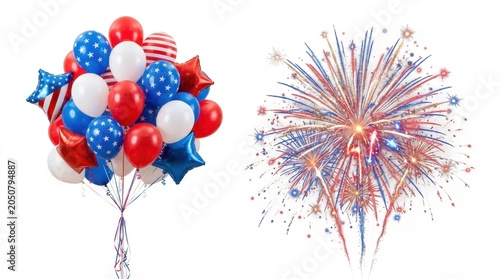Patriotic Fourth of July balloons and fireworks, American flag themed party decorations, red white and blue festive celebration elements isolated PNG with Transparent Background