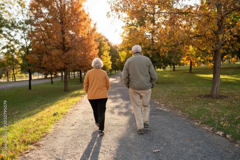Fototapeta premium The senior couple walking along a tree-lined park path during golden autumn sunset