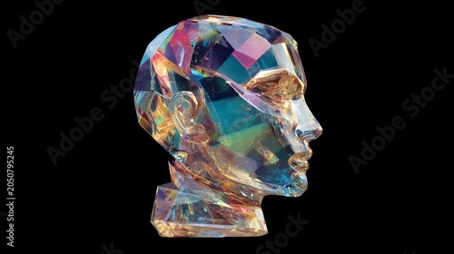 Crystal head sculpture with iridescent facets on black background