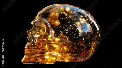Crystal alien skull sculpture with golden inclusions on dark background