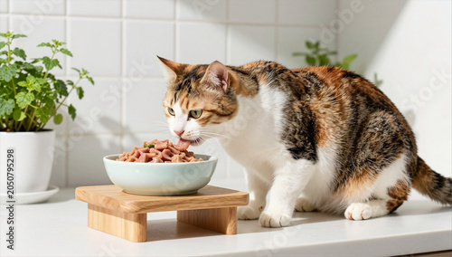 Elegant Calico Cat Dining from Ceramic Bowl on Wooden Stand