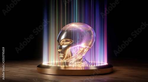 Glowing alien head illuminated by colorful light beams