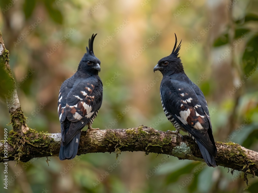 Naklejka premium Stunning capture of a Black Baza pair in their natural forest habitat — ideal for wildlife blogs, nature education, and environmental campaigns.