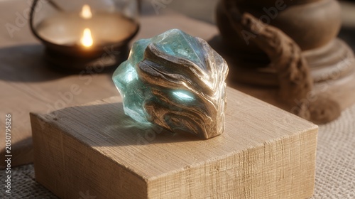 Glowing alien head sculpture on wooden surface