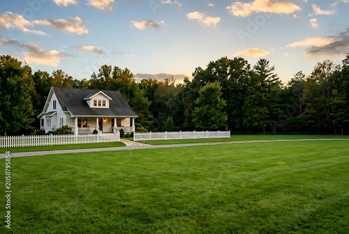 charming white farmhouse with white picket fence and green lawn at sunset