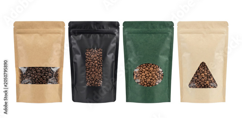 Coffee beans in diverse colored craft bags featuring unique shaped viewing windows isolated on transparent background.