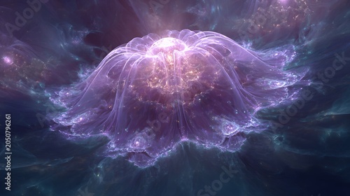 Glowing purple fractal bloom in dark cosmic space