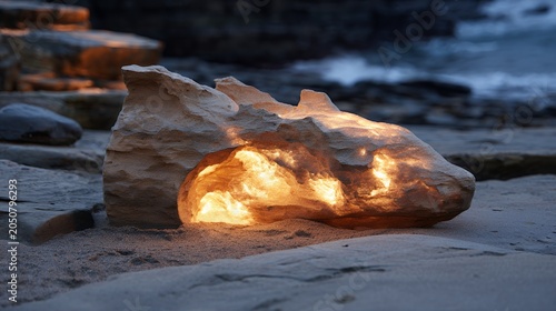 Glowing rock formation illuminated on a sandy beach