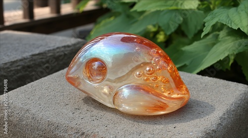 Iridescent glass alien head sculpture on textured surface