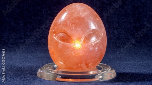 Orange alien egg sculpture with glowing light